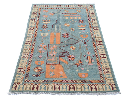 3x4 Blue Kuba Afghan Hand Knotted Wool Area Rug